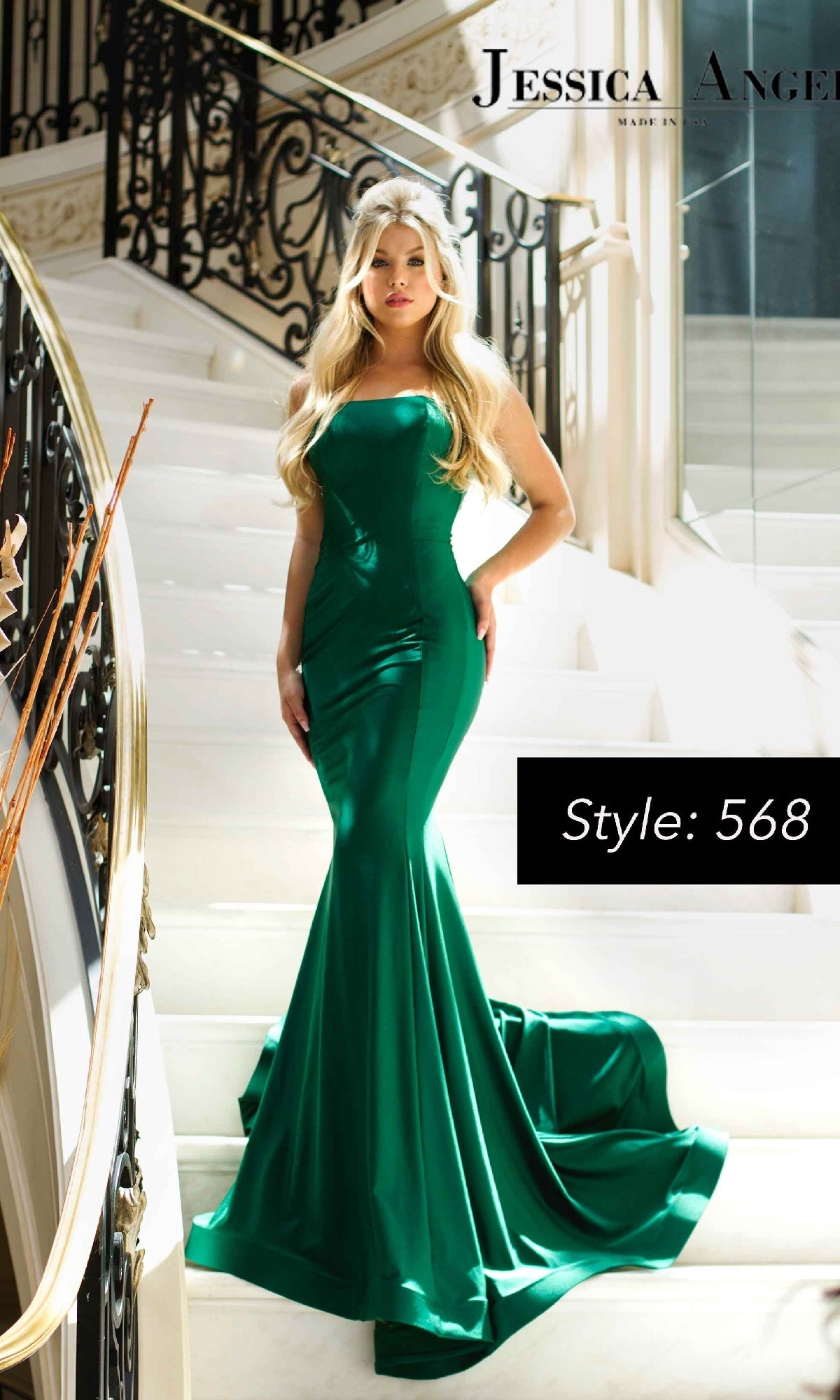 A woman stands on a white staircase in the Strapless Long Mermaid Prom Dress: Jessica Angel 568. Text overlay reads